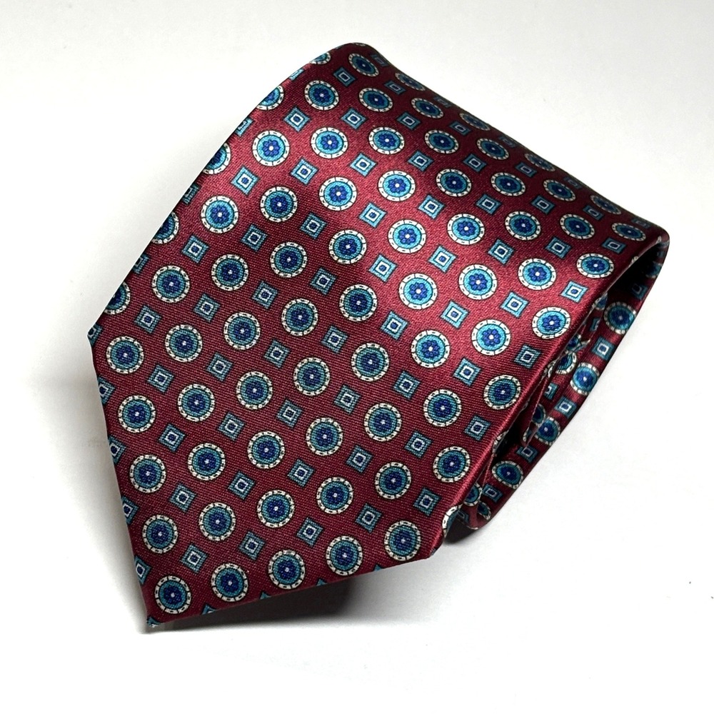 Etienne Aigner Tie Mens OS Burgundy Blue Geometric Medallion Vintage Preppy